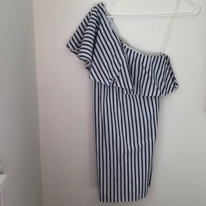 Alice + Olivia ruffle over one shoulder dress.